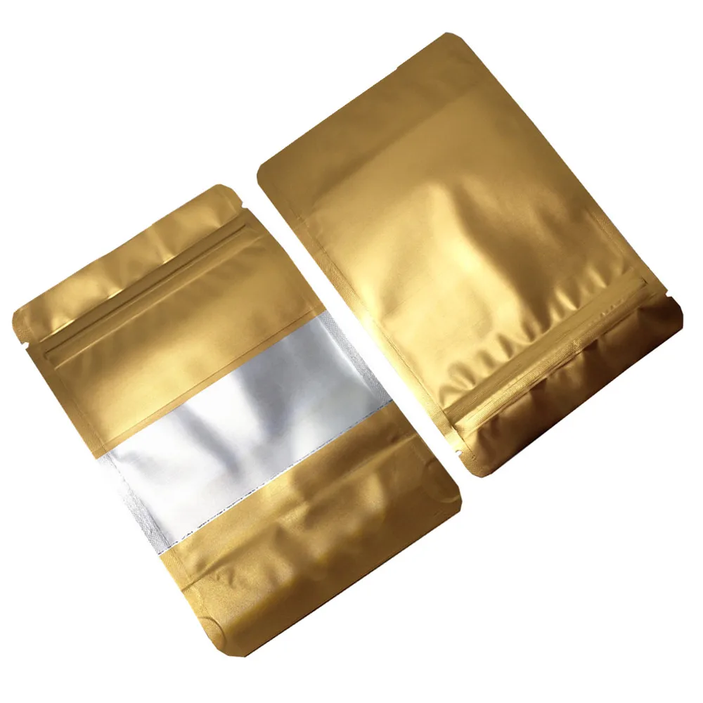 100 бр./лот, торбички за опаковане на храни от златна алуминиево Фолио с прозорец за ядки под формата на чаени зърна, затваряне на торбички за съхранение с цип