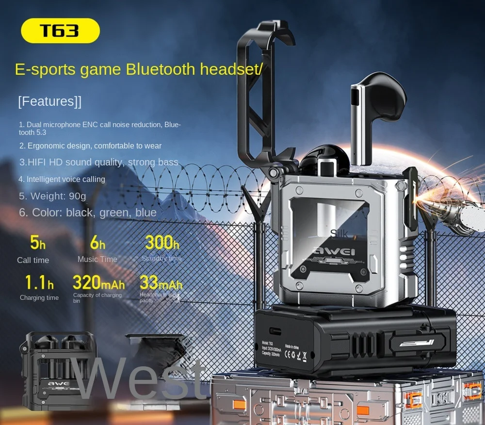AWEI нова Bluetooth слушалка mecha буря T63 с двоен микрофон, шумопотискане, слушалки cyberpunk TWS