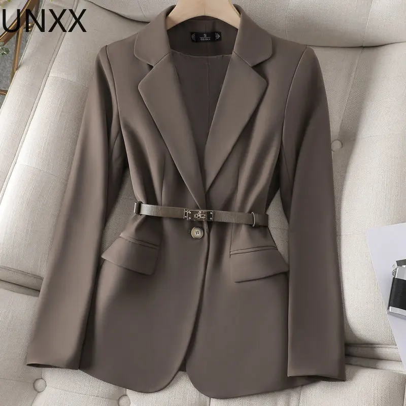 UNXX High End 2023 Demisezonnyj Женски сако, яке с колан и памучна подплата на рамене, палта, дамски Елегантен блейзър, Връхни дрехи