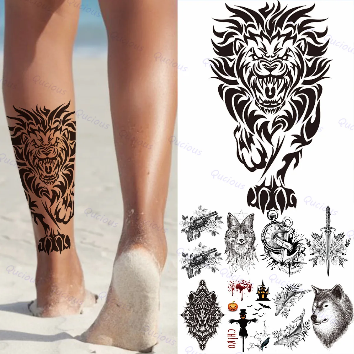 Временни Татуировки голям Черен Лъв за мъже, цветя, Рози, пистолет, компас, Кит, реалистична фалшива татуировка, стикер на ръка, за еднократна употреба татуировки