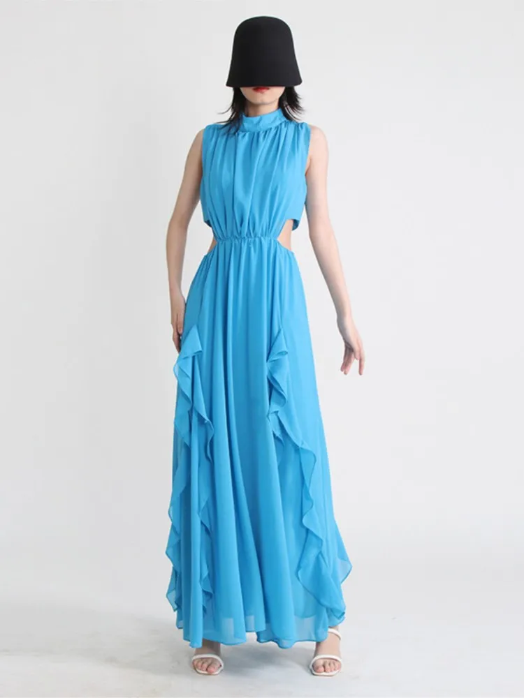 Женствена рокля трапецовидна форма по френски ретро стил 2023, пролет/лято, с имитация на врата, без ръкави, със странична талия, однотонное рокля трапецовидна форма с къдри