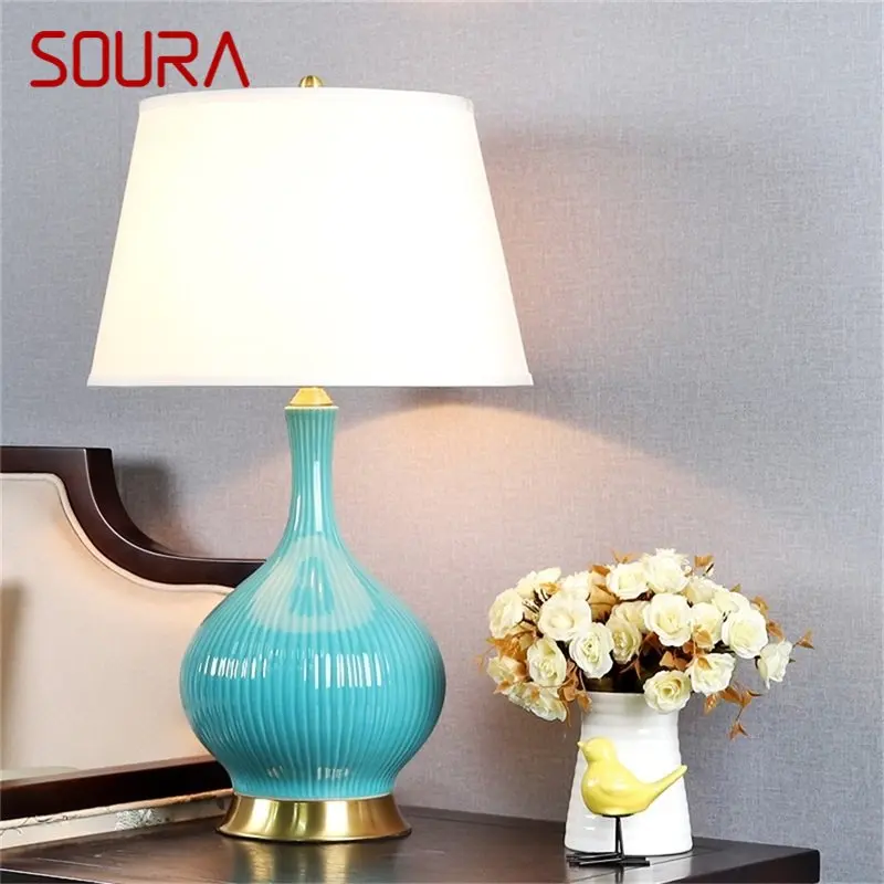 Керамична настолна лампа SOURA, мед, модерна луксозна бледо-синята настолна лампа, Led Лампа за Дома