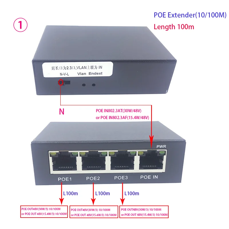 Метален удължител POE за 1 + 3 порта, IEEE 802.3 af/at PoE +, 10/100 Mbit/s, Повторител POE 100-500 м (328 фута), удължителен кабел